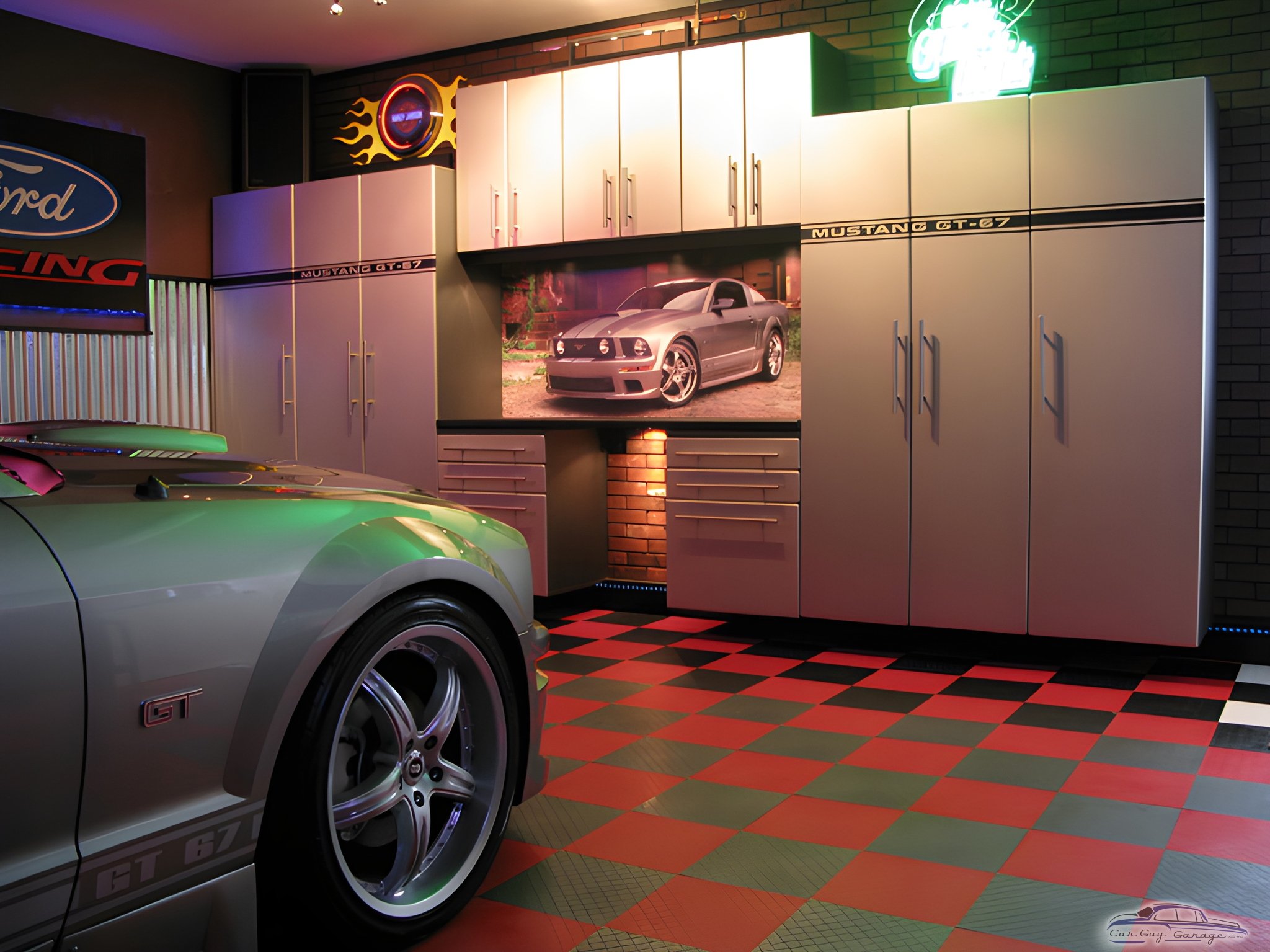 Modern garage with cabinets, wall art, and Mustang - John from Chicago, IL
