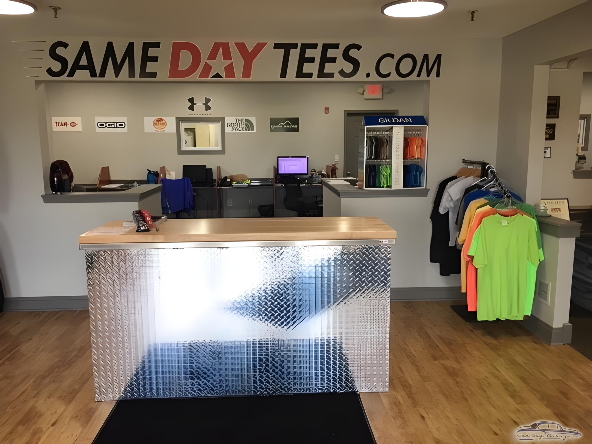 Garage Reception with Diamond Plate Counter - Same Day Tees from Franfort, IL