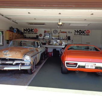 Classic Cars, NGK Signs, and Trophies in Garage - Jim from New Lenox, IL