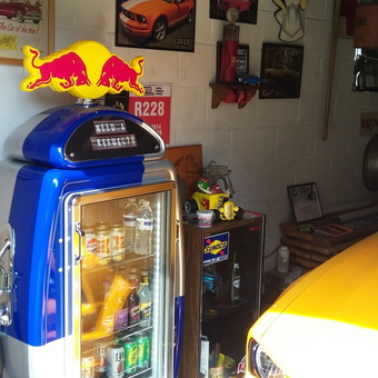Garage with Red Bull Fridge, Mustang Decor, and Wall Art - Michael Nicholson from West Mifflin, PA