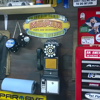 Vintage garage decor with license plates and Mopar sign - Dan from Oneonta, NY