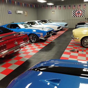 Classic Ford Mustangs on Checkered Tile Floor - Bruno's Garage from LOWELLVILLE, Ohio