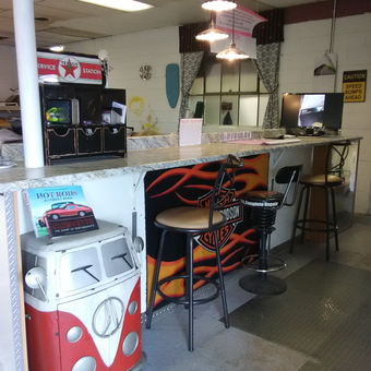 Retro Garage Decor with VW Fridge and Bar Stools - Patricia Persello from Canton, OH