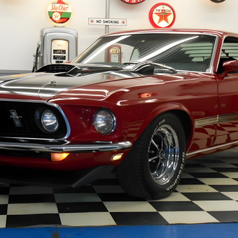 Classic Mustang and Retro Gas Pumps in Checker Garage - Joey Jump-Start from Brighton, Michigan
