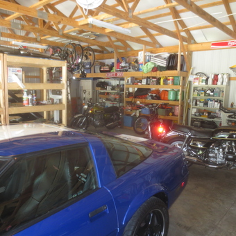 Organized Garage with Shelving, Motorcycles, and Classic Car - Mark from Muncie, Indiana