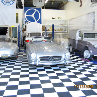 Classic Car Garage With Checkered Flooring and Car Dollies - SLgurl from Phoenix, Arizona