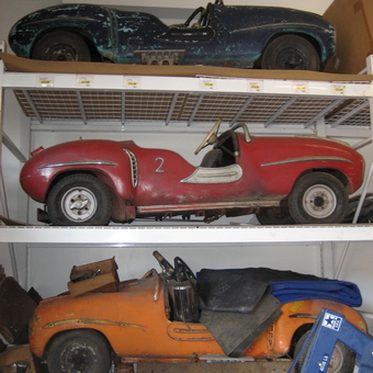 Vintage Pedal Cars Displayed on Garage Shelves - SLgurl from Phoenix, Arizona