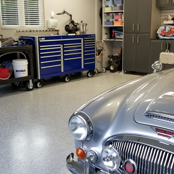 Organized garage with tool cabinets and classic car - Westcoast M5 from North Vancouver, British Columbia