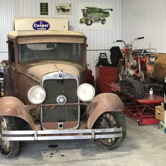 Classic Car and Vintage Honda Motorcycle in Organized Garage - JBird from Silesia, MT