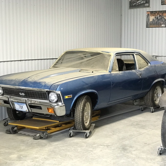 Classic Blue Muscle Car on Car Dollies - JBird from Silesia, MT