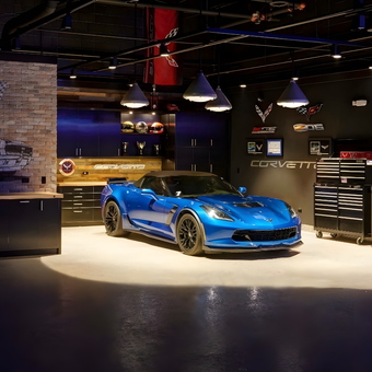 Corvette Themed Garage with Cabinets and Tool Chests - Brian