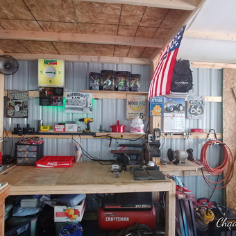 Organized Garage Workspace with Tools and Decor - Chad Waters from Huntington, Indiana