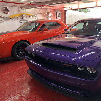 Two Dodge Challengers in Custom Garage with Red Floor - Larry from Wilkes Barre, Pa