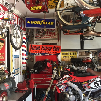 Vintage Bikes, Tools, and Signs in Garage - The kid from Pleasanton, CA