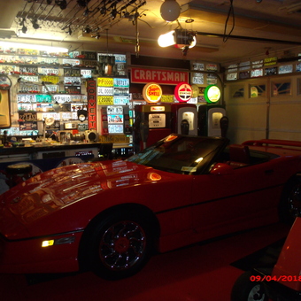Garage with Red Corvette, Vintage Signs, and License Plates - Chuck from Weston, WI