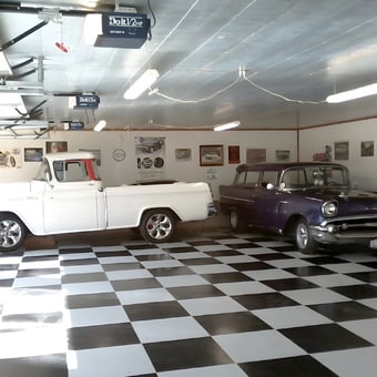 Classic Cars in Checkered Floor Garage - Angel Melton from Mountain Grove, Missouri