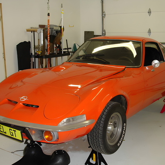 Classic Opel GT on Jack Stands in Organized Garage - Mike of the North from Oxford, MI