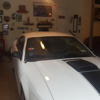 White Mustang in Decorated Garage with Wall Signs - Steve Motola from Pine Bush, NY
