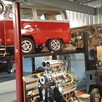 Classic VW Bus on Car Lift with Engine Parts - Terry Goodman from Middletown, PA