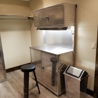 Diamond Plate Cabinets and Trash Bin With Stool - Sal's Sportsman's Closet