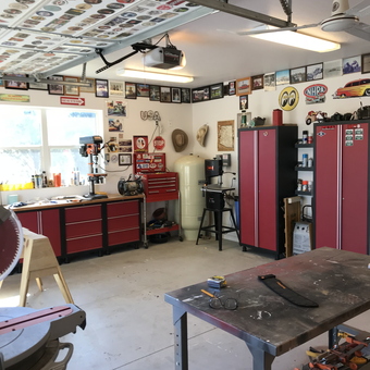 Organized garage with red cabinets and workbenches - weenie from PRESCOTT, AZ