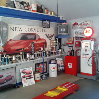 Corvette Themed Garage with Mobil Decor and Trophies - Dick from Norwich, NY