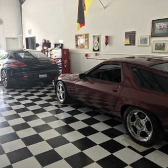 Classic and Modern Porsche Cars in Checkered Floor Garage - dr Q from Anacortes, Wa