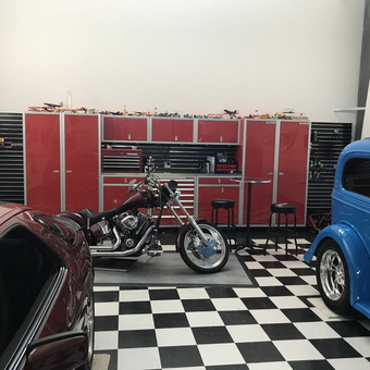 Red Garage Cabinets with Classic Cars and Motorcycle - dr Q from Anacortes, Wa