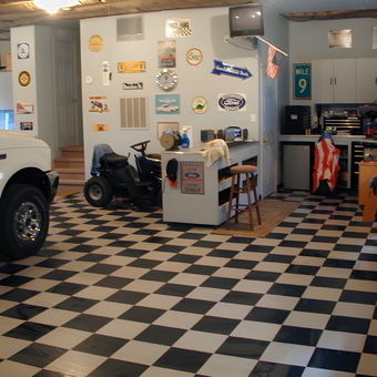 Checkered Garage Floor with Cabinets and Decor - Richard Smith from Greenfield, IN