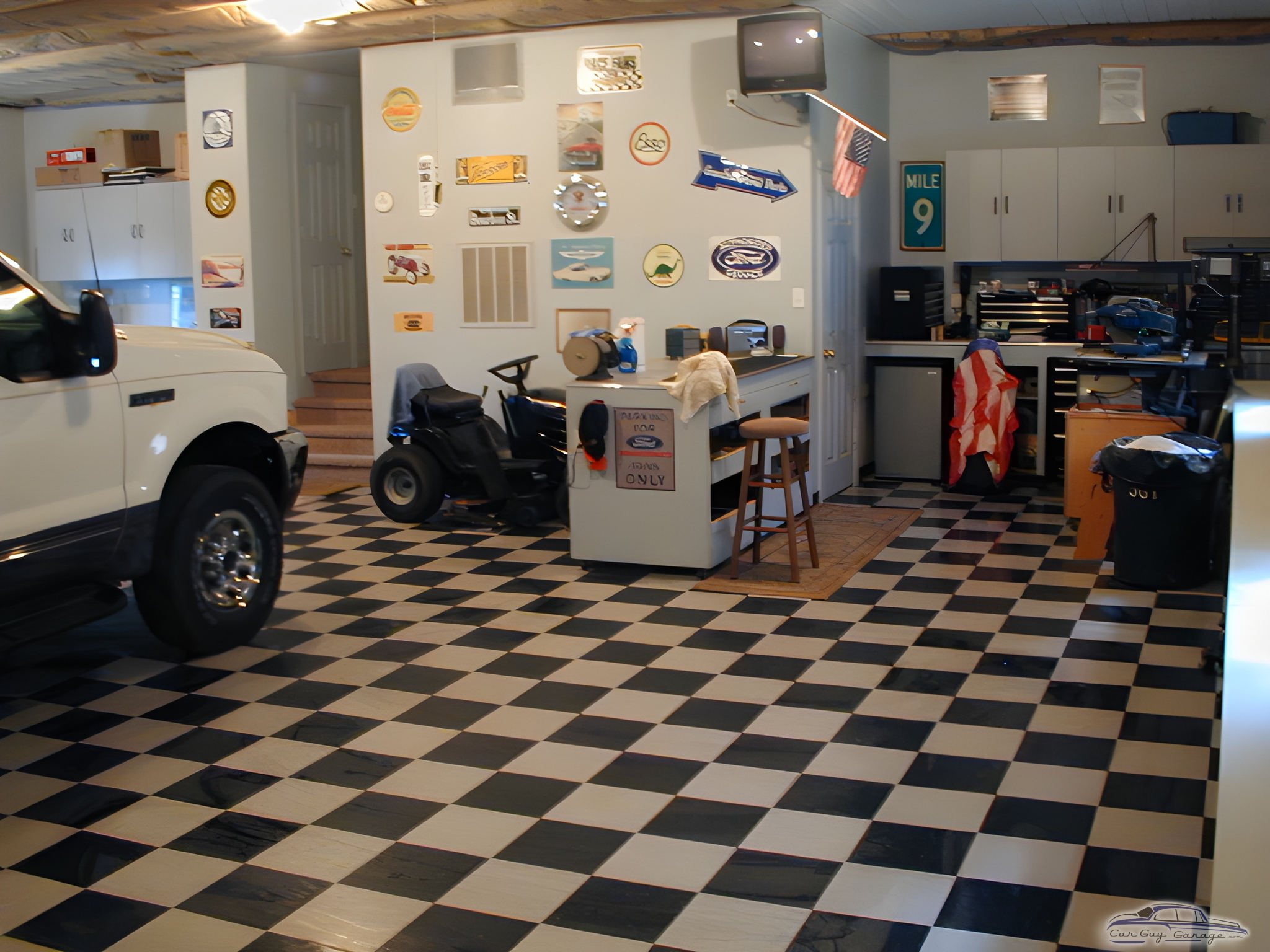 Checkered Garage Floor with Cabinets and Decor - Richard Smith from Greenfield, IN