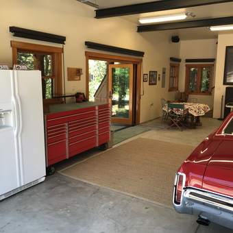 Organized garage with red tool chest and classic car - Tom Parsons from Santa Ana, California