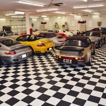 Classic Porsche Collection on Checkered Garage Flooring - Jim from Chapel Hill, NC