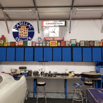 Garage with Blue Cabinets, Vintage Signs, and Stools - Jim Varnell from Black Creek, North Carolina