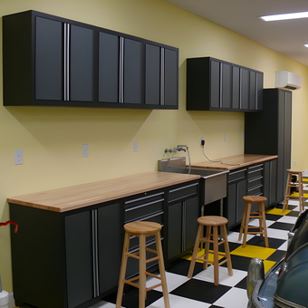 Modern garage cabinets with wood countertops and stools - Wyn from Mishawaka, IN