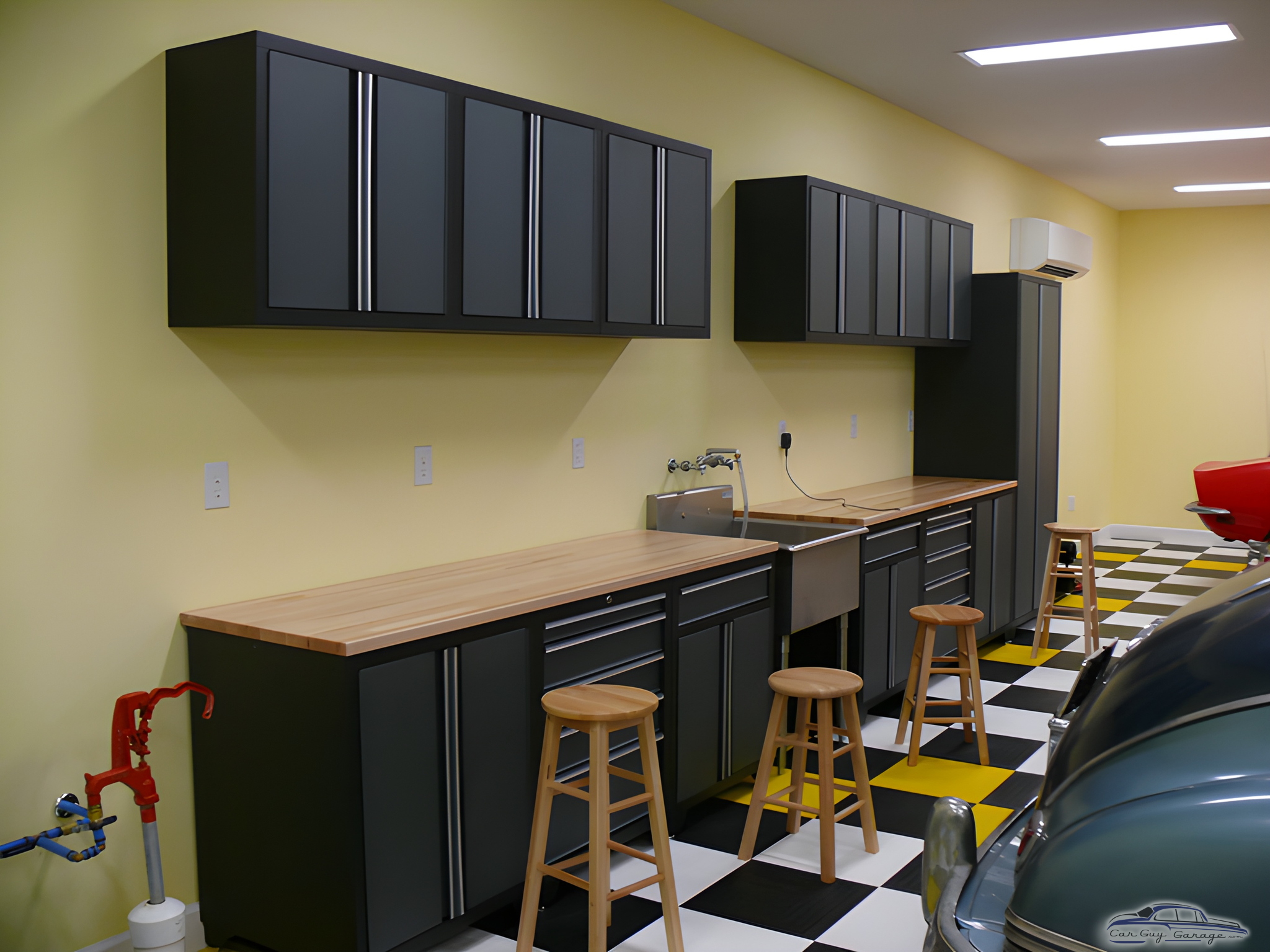 Modern garage cabinets with wood countertops and stools - Wyn from Mishawaka, IN