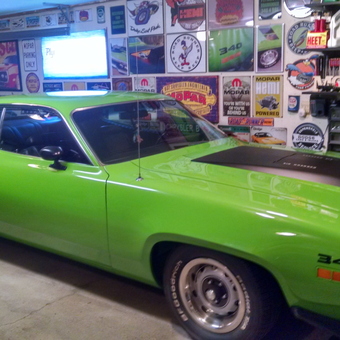 Classic Mopar Garage with Green Muscle Car and Signs - CJ