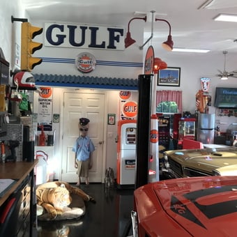 Classic Gulf Gas Station Decor with Vintage Cars - Life's love. from Punta Gorda, Florida