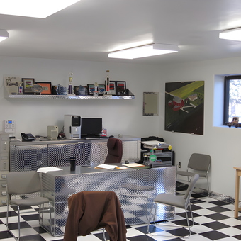 Garage Office with Diamond Plate Desk and Checkered Floor - R & L Farms from Garden City, KS