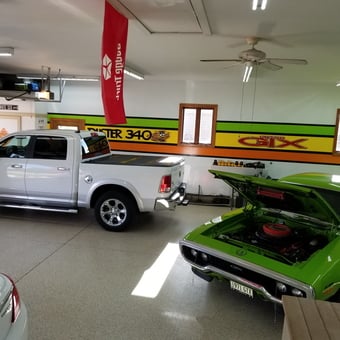 Classic Car Wall Art and Modern Truck in Clean Garage - Jerry's Garage from Trevor, WI