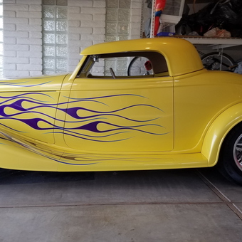 Yellow Hot Rod with Purple Flames and Chrome Wheels - OLDGUY from Mesa, AZ