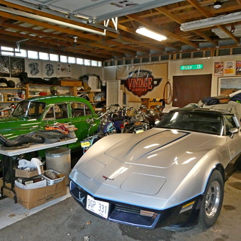 Classic Cars and Garage Decor with Storage Shelves - Charley from Oregon