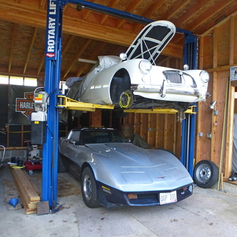 Rotary car lift with classic cars and tools - Charley from Oregon