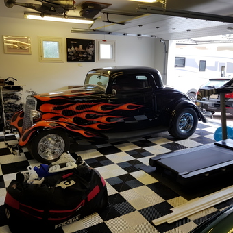 Classic Car with Flame Paint in Checkered Floor Garage - Sakke from Nummela