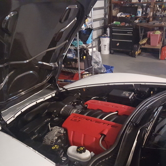 Organized garage with Corvette LS7 engine and tool storage - Sal from Port Charlotte, FL