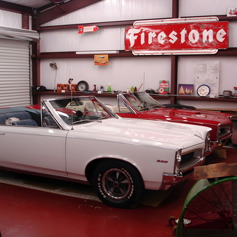 Classic Convertible Cars and Firestone Sign in Garage - William from Vidor, TX
