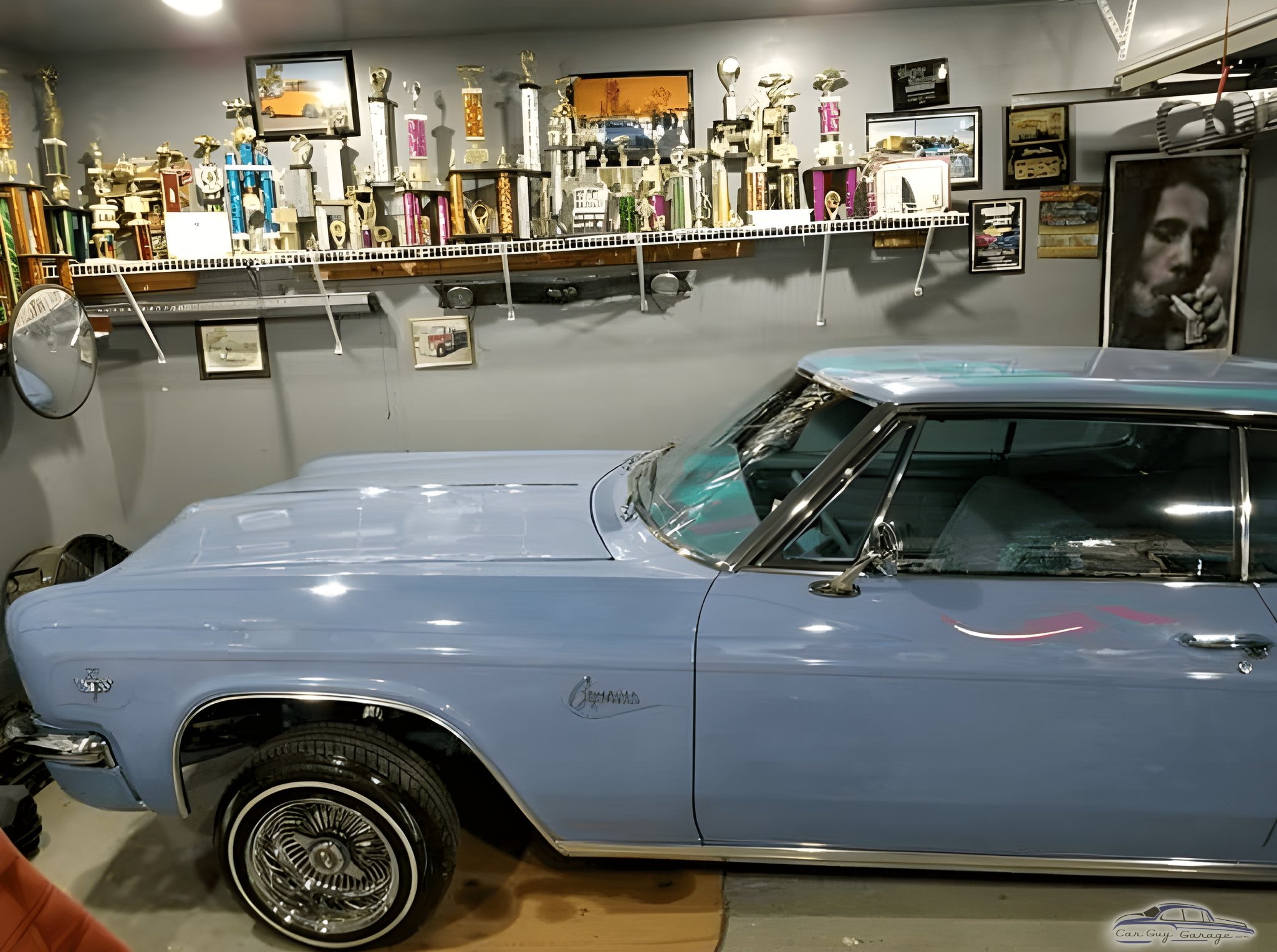 Classic Lowrider and Trophy Display in Garage - 1stLady Super Natural Lowriders from LOS ANGELES, CA