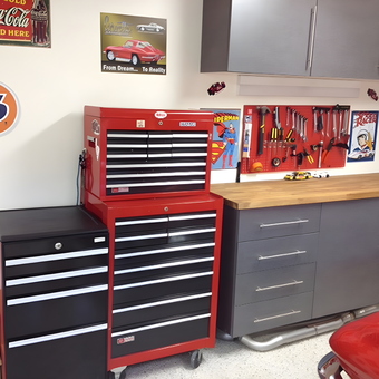 Organized garage with tool chest, pegboard, and cabinets - Bob from Laguna Niguel, CA