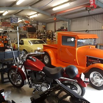 Classic Car Garage with Motorcycle and Wall Signs - Geoff from Salisbury Heights South Australia