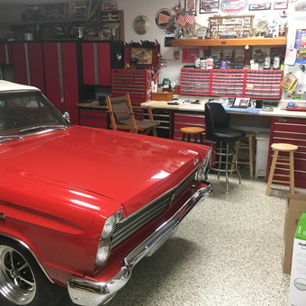 Classic Car Garage with Red Cabinets and Workbench - Woods from Middleburg, FL