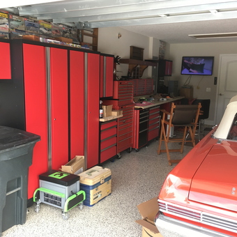 Red Garage Cabinets and Tool Chests with Classic Car - Woods from Middleburg, FL